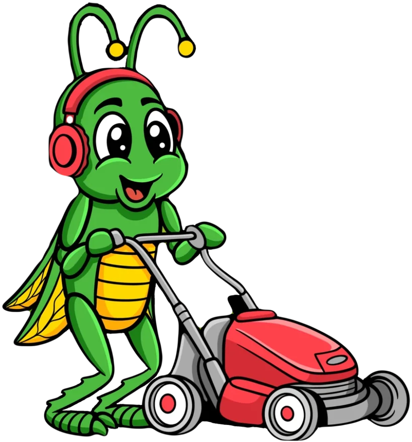 The Heckman Mow & Go grasshopper pushing a red lawn mower