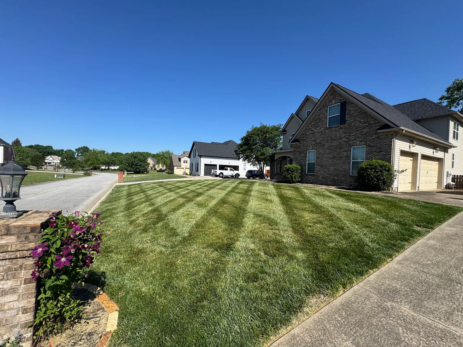 Deep diagonal mowing stripes across the front lawn of a brick home, edged cleanly along the sidewalk